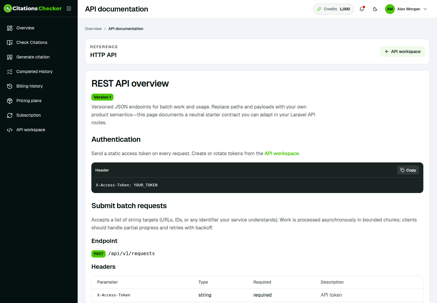 API documentation with endpoints and examples