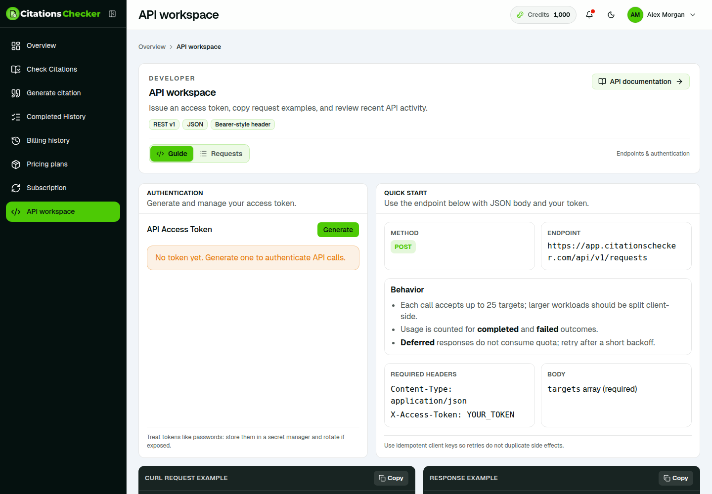 API workspace guide with token, endpoint, and cURL example