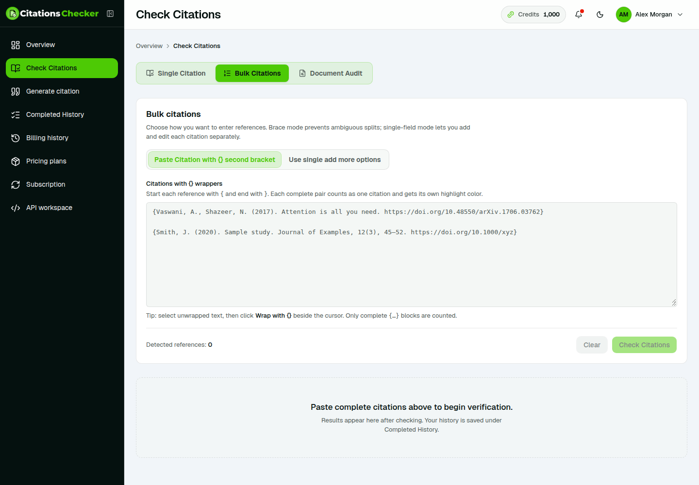 Bulk citations brace paste mode