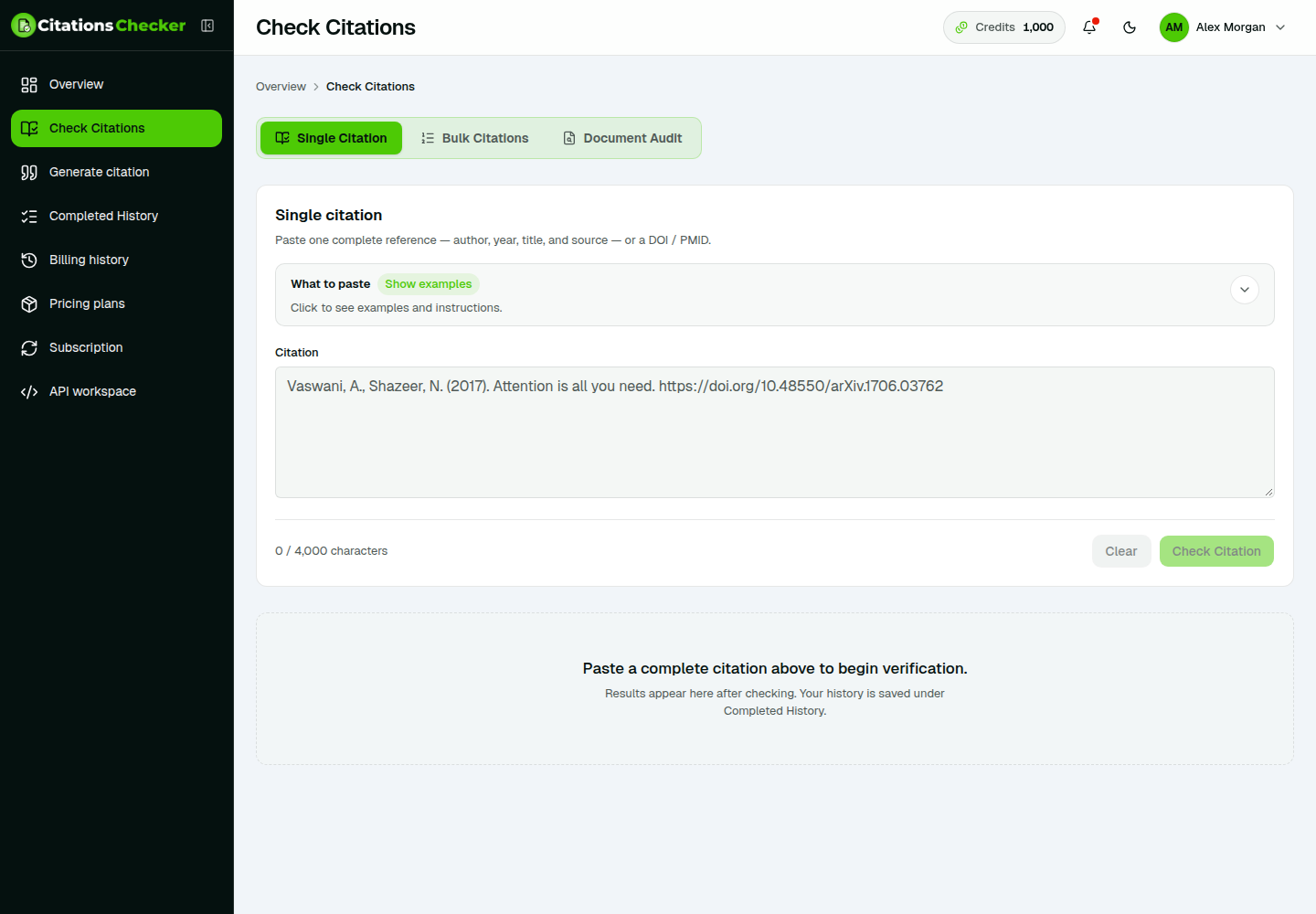 Single citation form with example reference and Check Citation button
