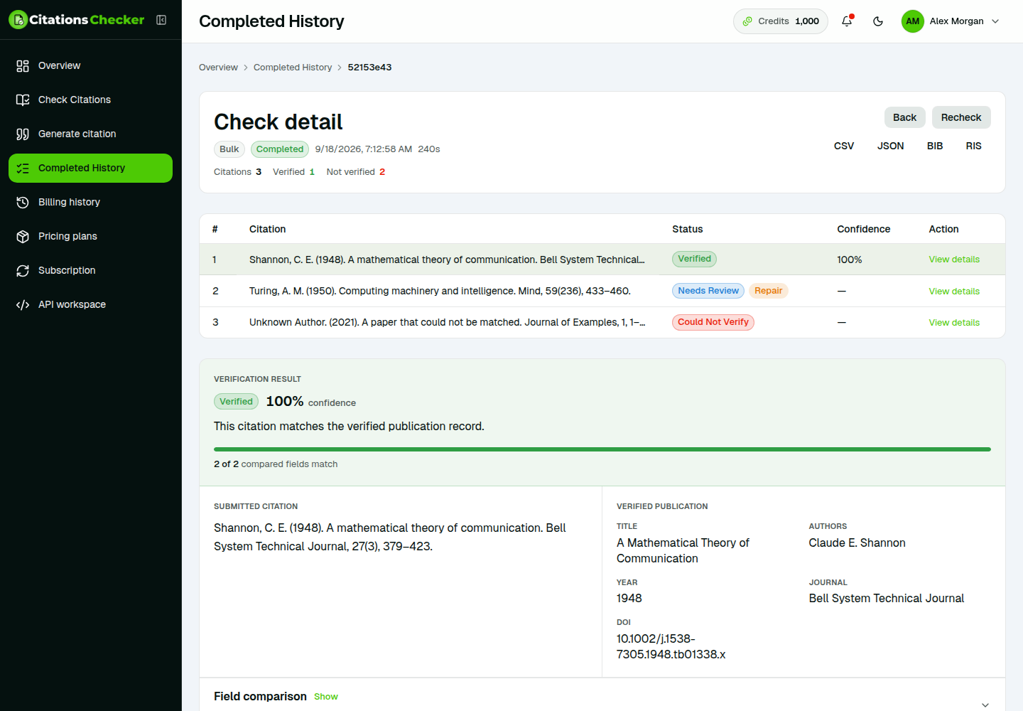 Bulk check result with several citation items