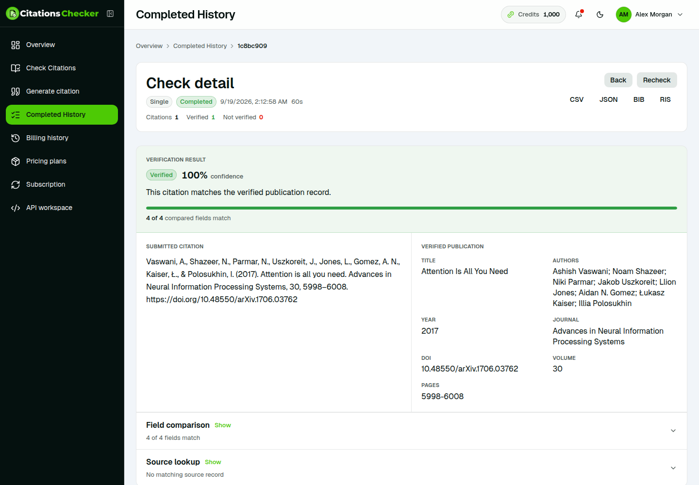 Single check result comparing submitted citation with the verified publication