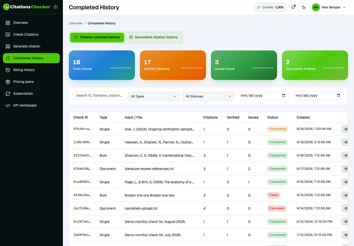 Citation checked history list with status filters