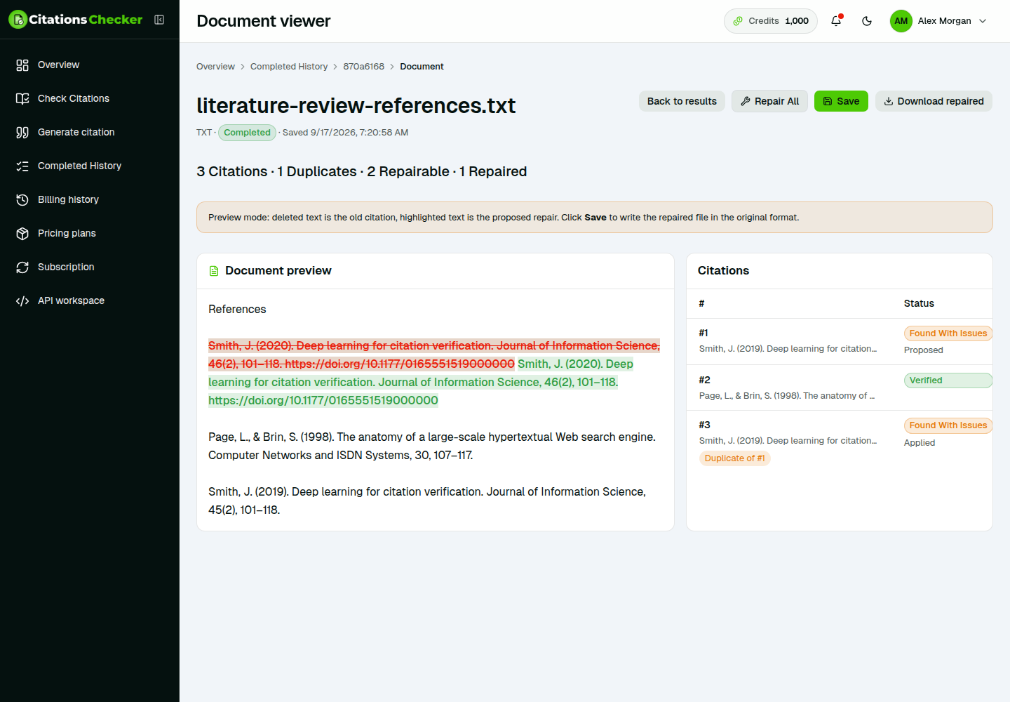 Document viewer with repair preview, Repair All, Save, and download