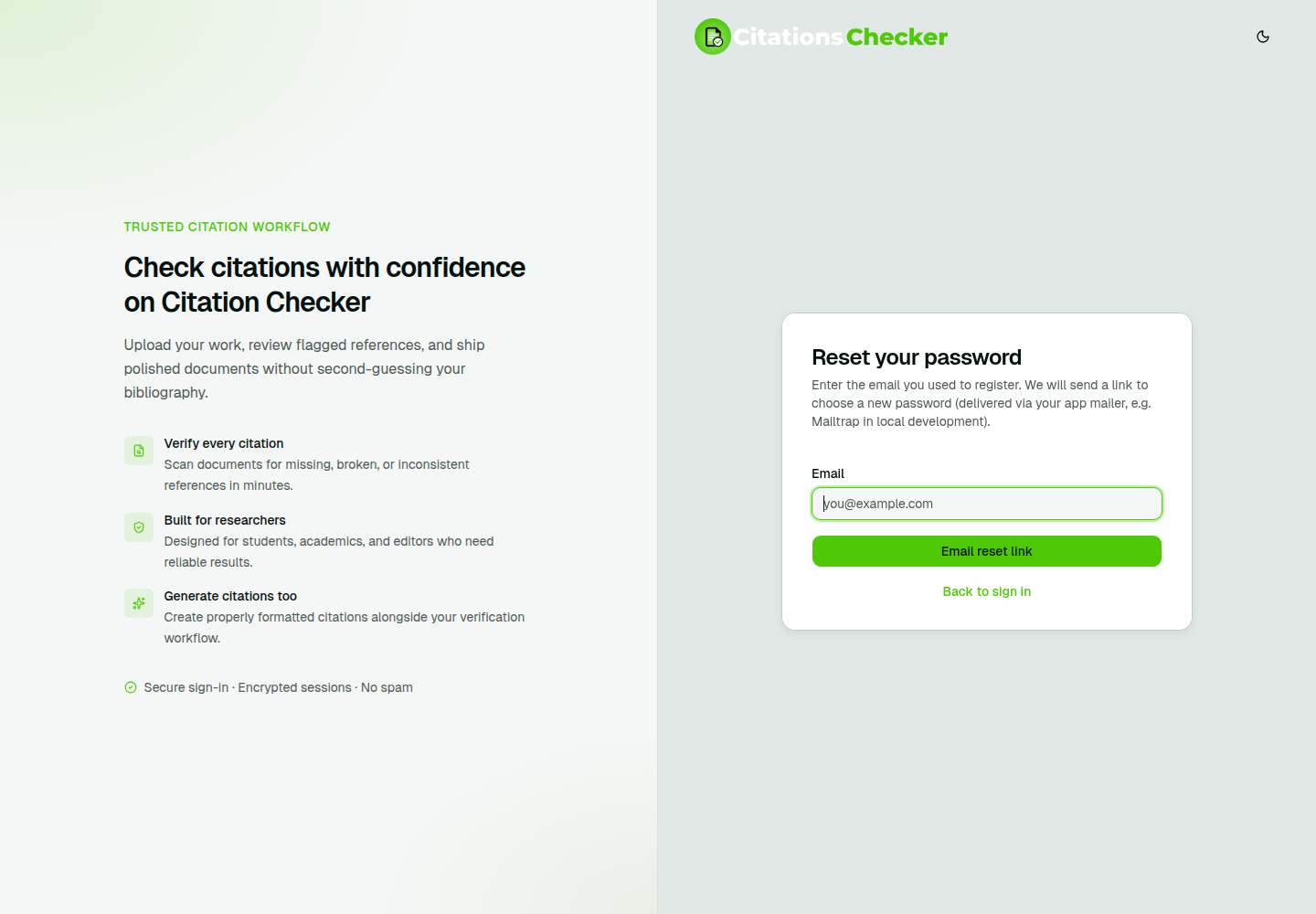 Forgot password page with email field and reset link button
