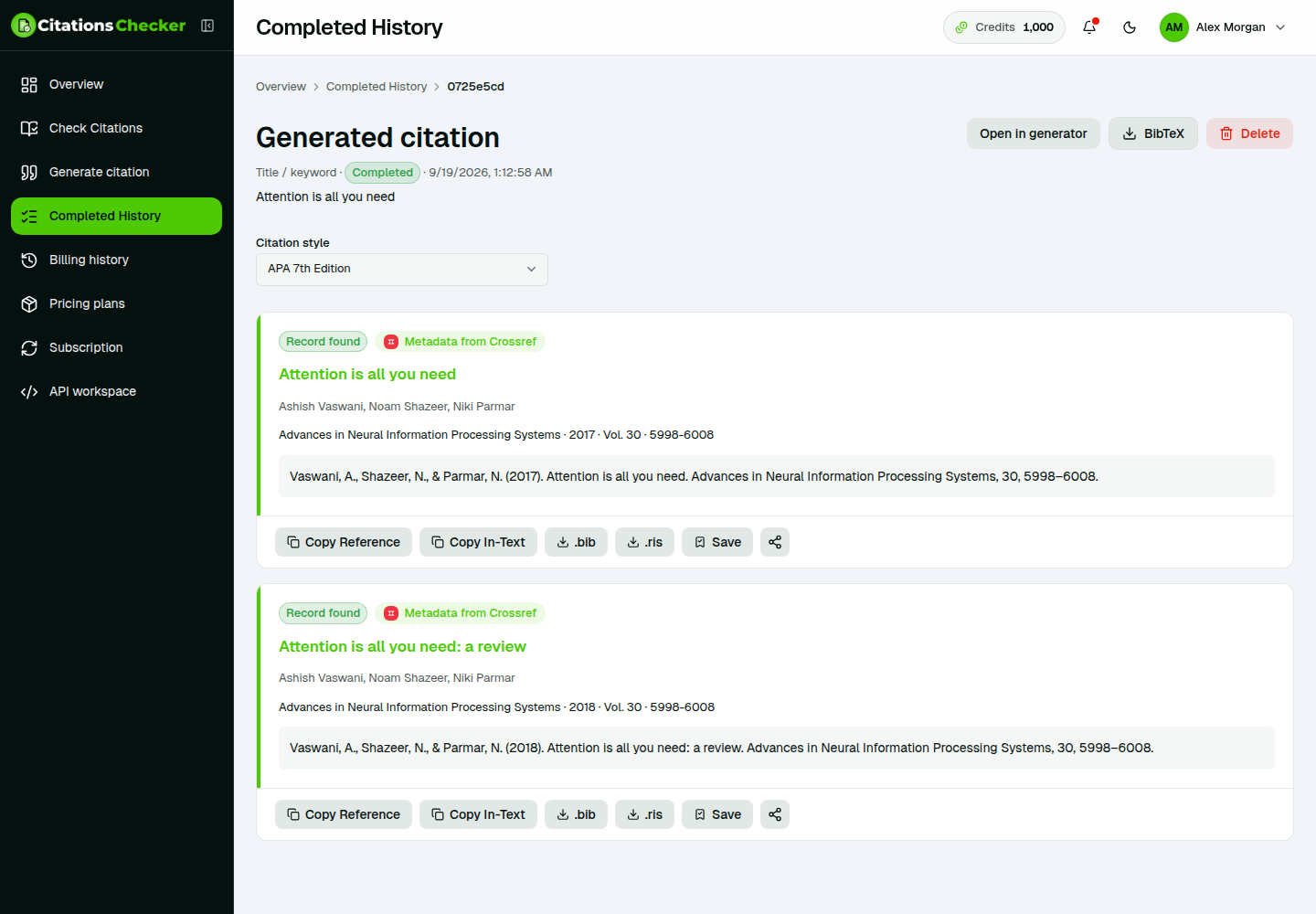 Generated citation result with copy and download actions