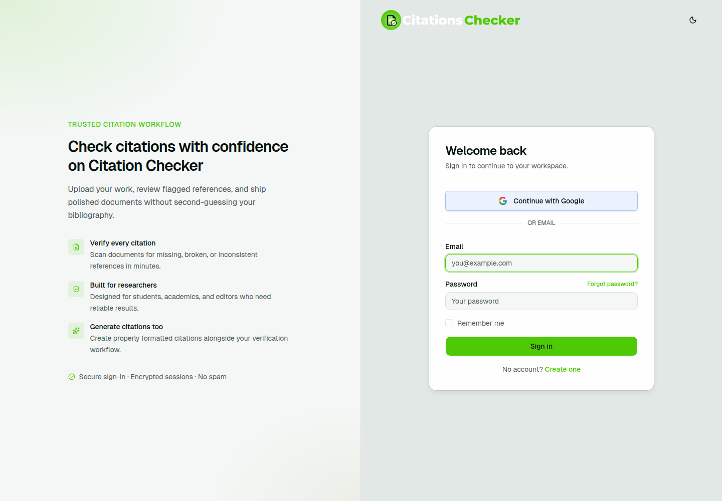 Login page with email, password, and Google sign-in