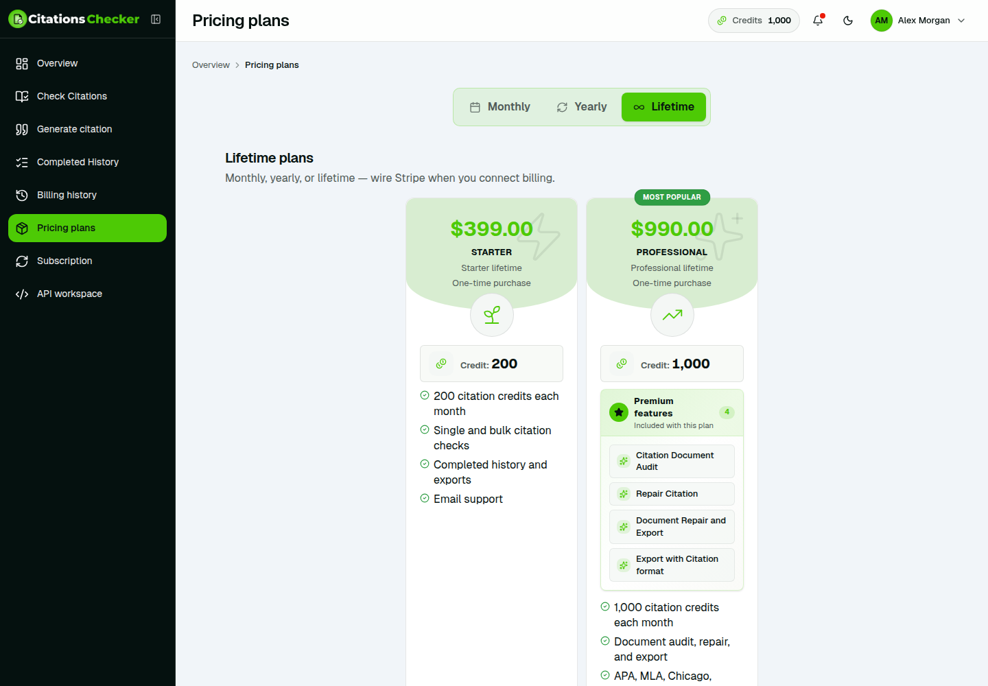 Lifetime pricing tab