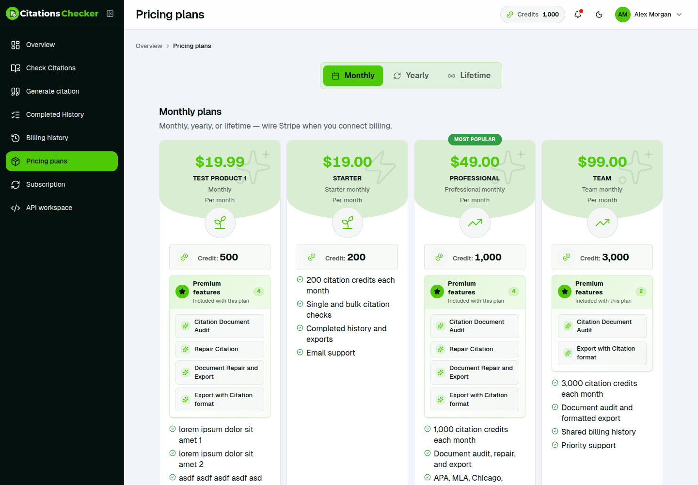 Monthly pricing plans for Starter, Professional, and Team