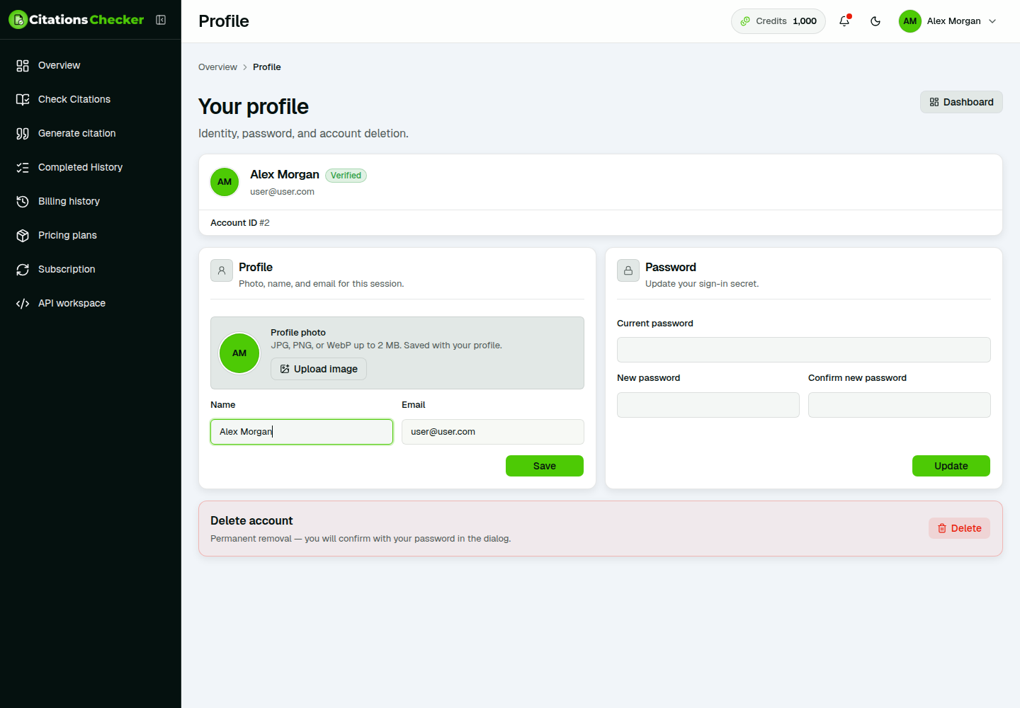 Profile page with photo, name, email, password, and delete account