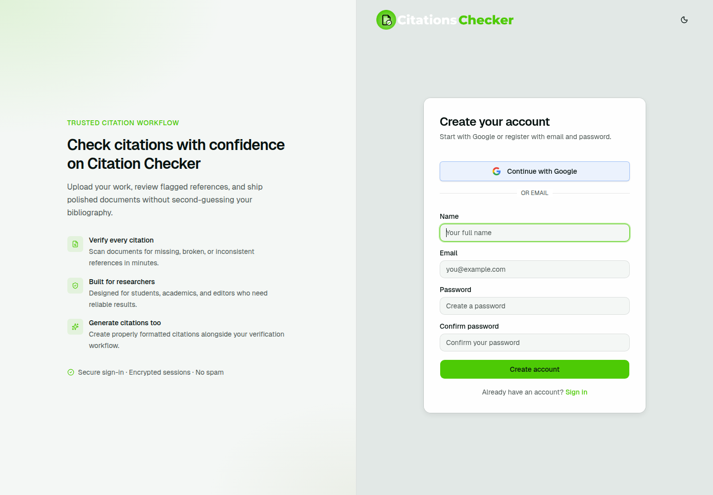Registration form with name, email, password, and Google sign-up